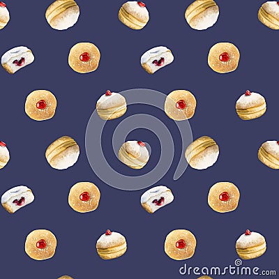 Dark blue Hanukkah donuts watercolor seamless pattern of Jewish traditional holiday sweet dessert Stock Photo