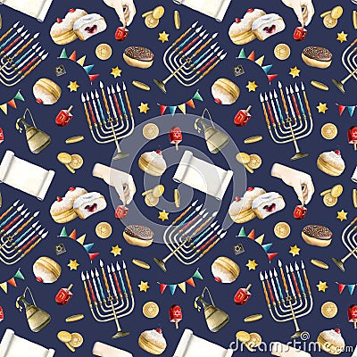 Dark blue Hanukkah symbols watercolor seamless pattern with food and bakery. Jewish holiday donuts, Torah scroll Stock Photo