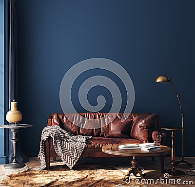 Dark blue home interior with old retro furniture, hipster style Stock Photo