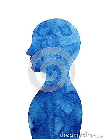 Dark blue human head thought mind, abstract watercolor painting Cartoon Illustration