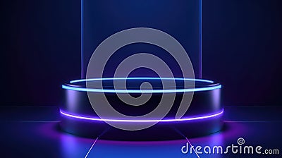 Dark blue illuminated cylindrical podium on a pedestal Stock Photo