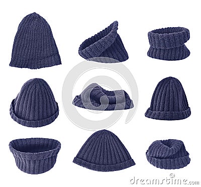 Dark blue knitted head cap isolated Stock Photo