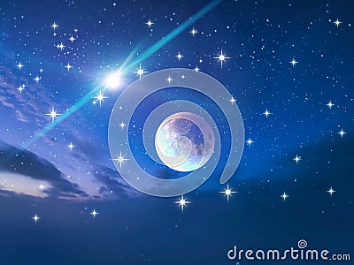 Dark blue lilac starry night big moon bright star universe Stock Photo