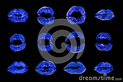 Dark blue lipstick kiss print set black background isolated closeup, neon blue sexy lips makeup collection, shiny female kisses Stock Photo
