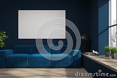 Dark blue loft living room, blue sofa, poster Stock Photo