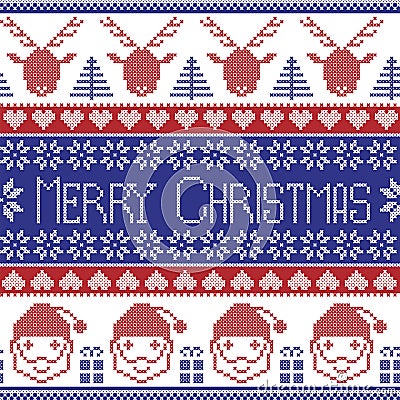 Dark blue and red Scandinavian Merry Christmas pattern with Santa Claus, xmas presents, reindeer, decorative ornaments, snowflake Vector Illustration