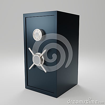 Dark blue Safe box font view on gray background. closed metallic safe box. Realistic metal safe. Close security blue metal safe. Cartoon Illustration