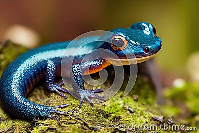 Dark blue salamander with orange eyes on mossy stone. Stock Photo
