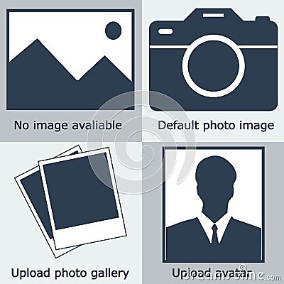 Dark blue Set of no image available, no photo: blank picture, camera, photography icon and silhouet Vector Illustration