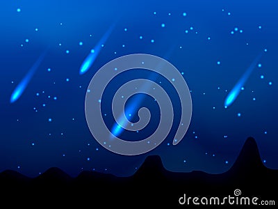 Dark blue sky with clouds and starfall. Vector stock Illustration for poster Stock Photo