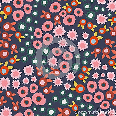 Dark blue with small ditsy florals and marks seamless pattern background design. Vector Illustration