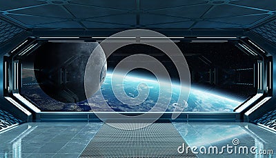 Dark blue spaceship futuristic interior with window view on planet Earth 3d rendering Stock Photo