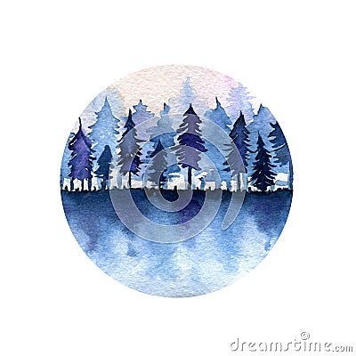 Dark blue spruce forest and pink sky landscape Cartoon Illustration