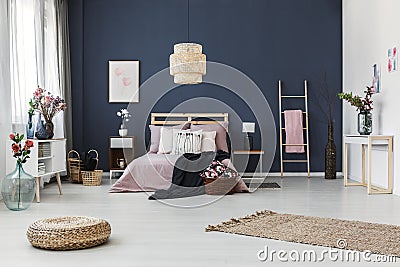 Dark blue wall in bedroom Stock Photo