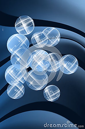 Dark blue wavy gradient with visually volumetric shiny balls. Stock Photo