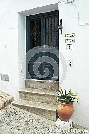 Dark blue wooden door, doorbell and flower pot Stock Photo