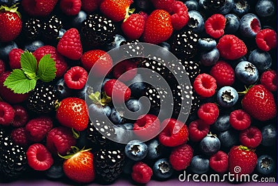 dark blueberry background assorted closeup strawbwerry large colorful studio overhead curant Berries raspberry red blackberry mix Stock Photo