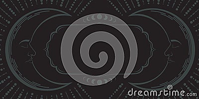 Dark boho background with copy space. Mystical crescents with faces and moonbeams. Magical retro banner with a frame Vector Illustration