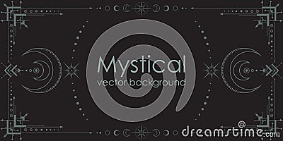 Dark boho background with a copy space. Mystical poster with an ornate geometric frame, outline crescents, linear stars and moon Vector Illustration