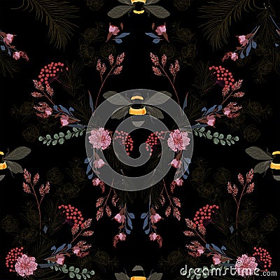 Dark botanical blooming garden night flowers unfinished line drawing with stylish bees seamless pattern vector design for fashion, Stock Photo
