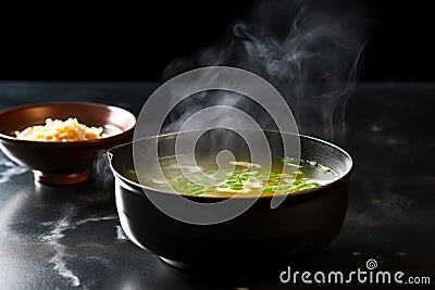 dark bowl of miso soup with steam rising on a cool slate counter Stock Photo