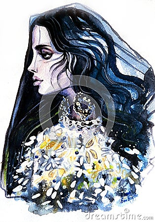 Dark Bride. Beautiful woman in watercolor. Stock Photo