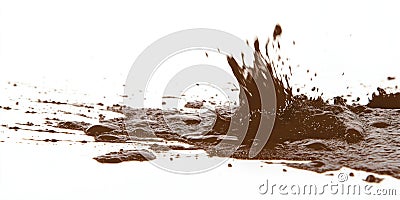 Dark brown liquid splashes out of container creating dynamic energetic scene. Splatter in center frame with lid to left. Light Stock Photo