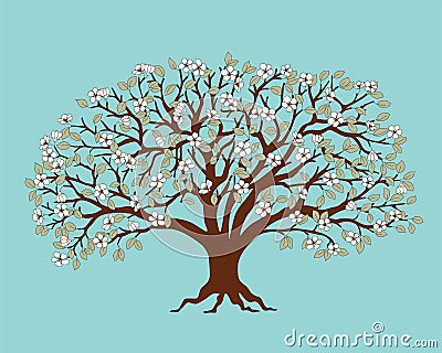 Dark brown silhouette apple tree with white blossom Vector Illustration