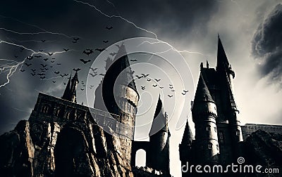 Dark castle with flying bats Stock Photo