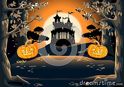 Dark castle in a magical forest with tall trees Vector Illustration