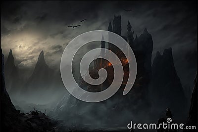 Dark castle in the valley, dark atmosphere of hell, creative digital illustration painting Cartoon Illustration