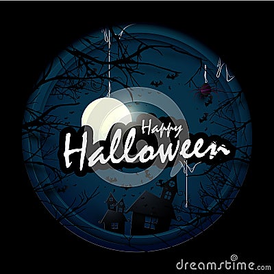 Dark castle, White ghosts and old trees with Halloween text in circle shape. Vector Illustration