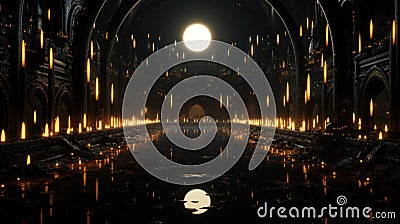 A dark cathedral with a full moon in the background. Generative AI image. Stock Photo