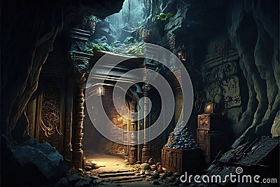 a dark cave with a clock and a statue inside of it Stock Photo