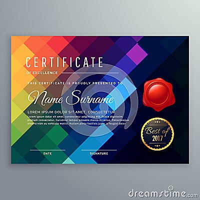 Dark certificate design with colorful mosaic shapes Vector Illustration