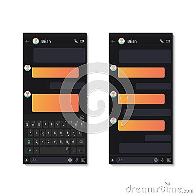 Dark chat app template whith mobile keyboard and text chat bubbles. Social network message vector illustration. Vector Illustration