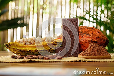 Dark chocolate bar, raw cocoa fruit, cacao beans, cacao butter on wooden table Stock Photo