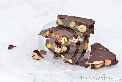Dark chocolate bark with mixed nuts Stock Photo