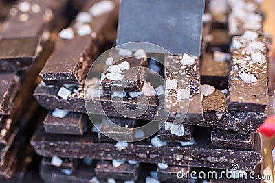 Dark Chocolate Bars with Pieces of Coconut: Food Theme Stock Photo