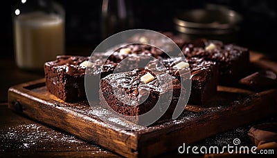 Dark chocolate brownie, a gourmet homemade dessert on a wooden table generated by AI Stock Photo