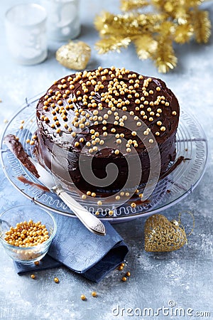 Dark Chocolate Cake with Chocolate Glaze for Christmas Stock Photo