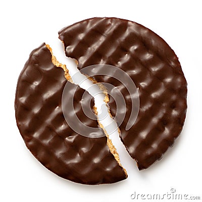 Dark chocolate coated digestive biscuit broken half isolated on white. Top view Stock Photo