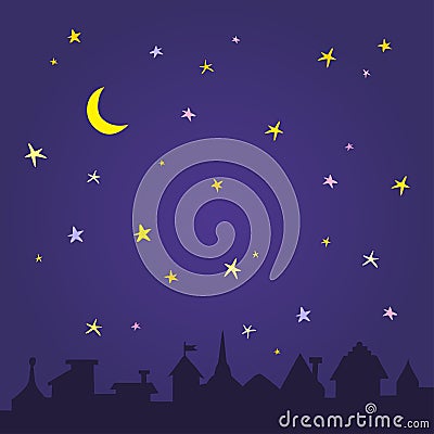 Dark city with moon and stars Vector Illustration