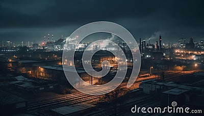 Dark city skyline illuminated by factory smokestacks and transportation motion generated by AI Stock Photo