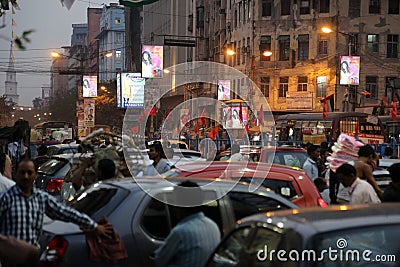 Dark city traffic blurred in motion at late evening on crowded streets in Kolkata Editorial Stock Photo