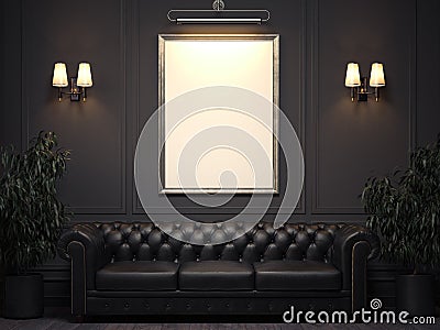 Dark classic interior with sofa and picture frame on wall. 3d rendering Stock Photo