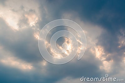 Dark cloud cover sun in day concept explode sky. Stock Photo