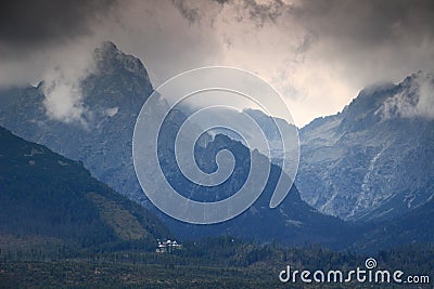 Dark clouds over Prostredny Hreben Ridge and Studena valleys, High Tatras Stock Photo