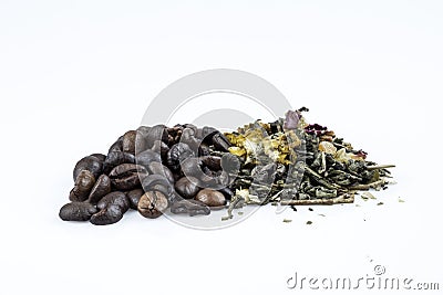 Coffee beans and green loose tea isolated on white background Stock Photo