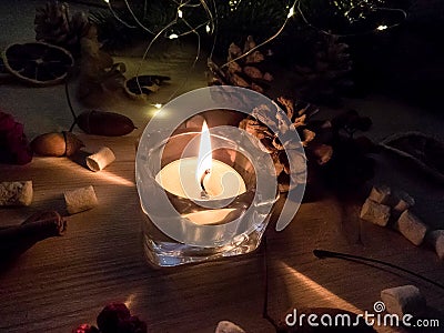 Dark color luxury background. Candles on black table top view. Premium horizontal design. candle fire Stock Photo